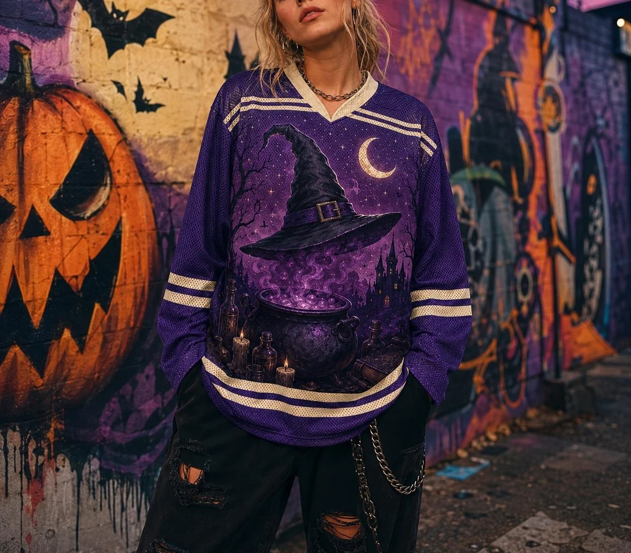 Mystical Witch Magic Cauldron Graphic Hockey Jersey 3D Print Long Sleeve Halloween Festival Streetwear Tops Family Matching