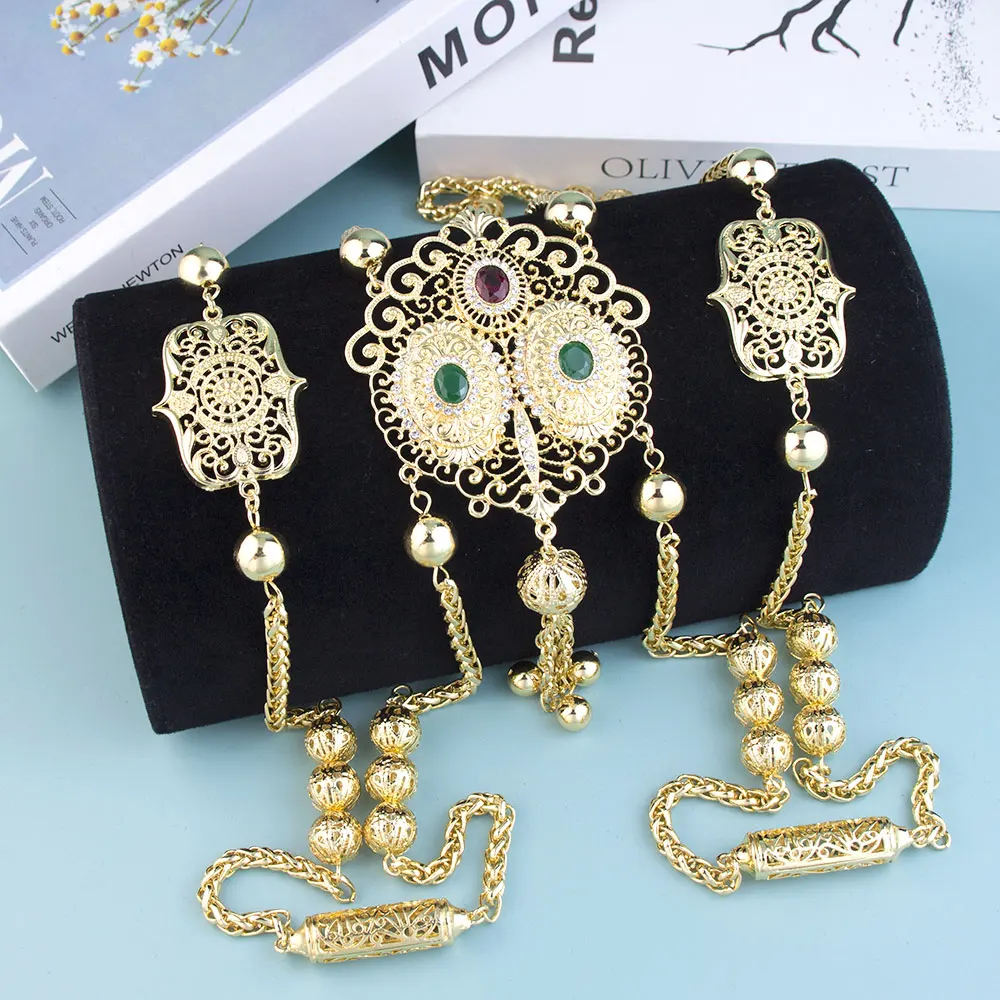 Sunspicems Chique Marokkaanse Bruid Lichaamsjuwelen Algeria Vrouwen Rug Schouderketting Goudkleur Arabische Bruiloft Sieraden Lange Ketting