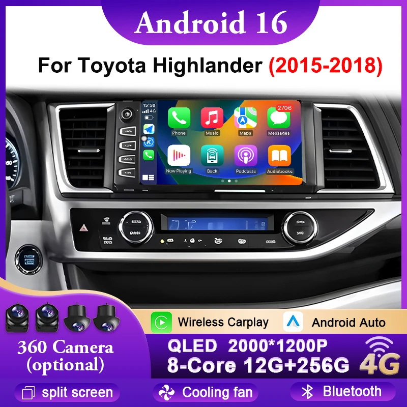 Multimedia-Player für Toyota Highlander 2015-2018, kabelloses CarPlay, Android Auto, 4G, WLAN, GPS-Navigation, geteilter Bildschirm.
