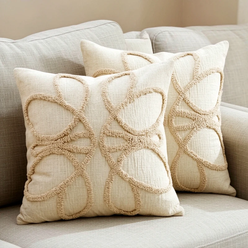 Cream Style Decorative Cushion Cover 45x45cm Tufted Curly Line Pillow Case Aesthetic Warm Home Sofa Decoration