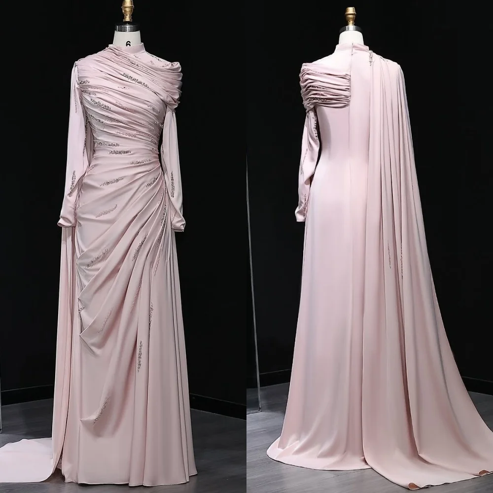 Customized Classic Exquisite Jersey Sequined Pleat A-line High Collar Long Dresses Bespoke Occasion Retro