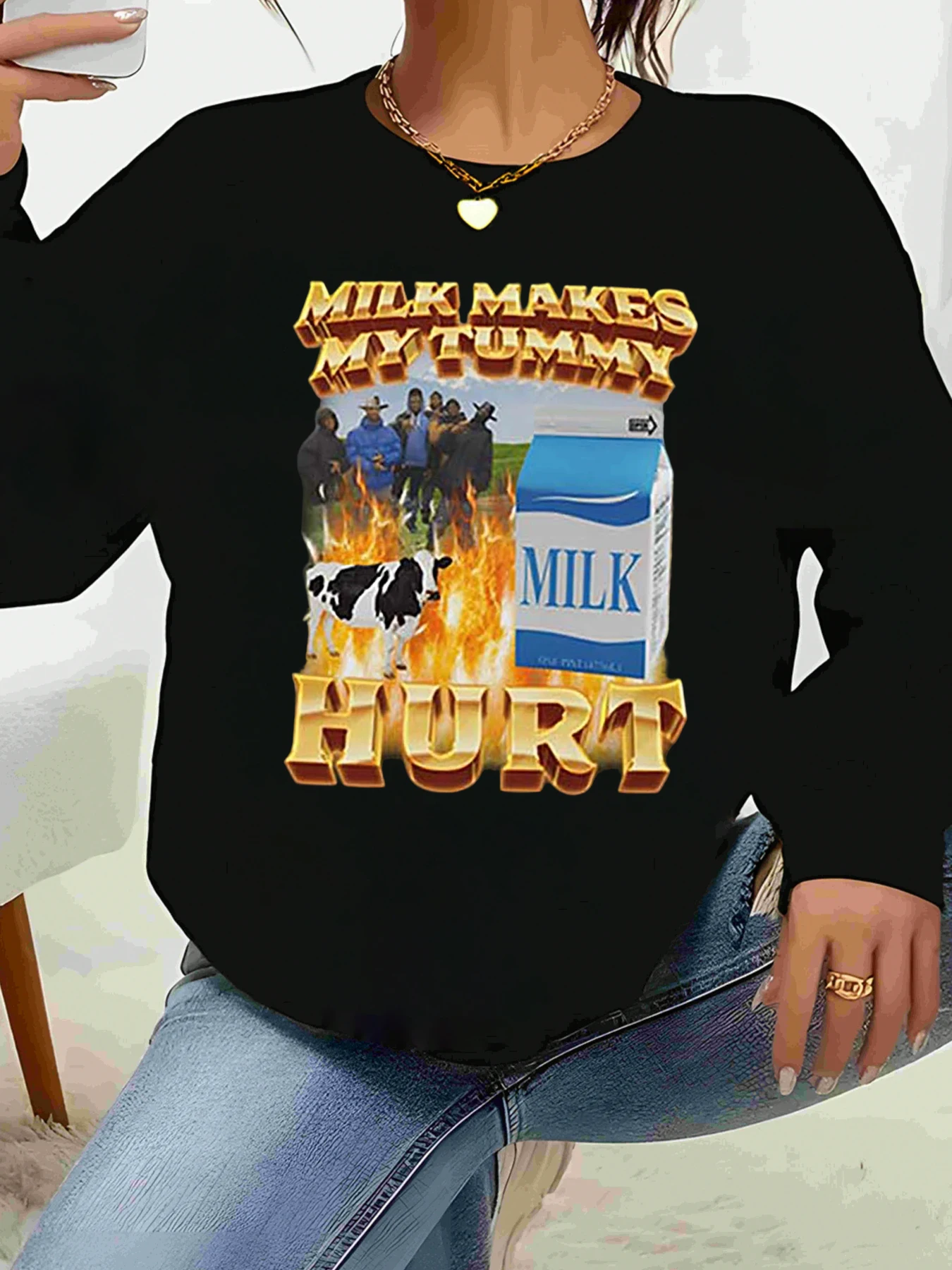 

Milk Makes My Tummy Hurt Свитер с длинными рукавами и принтом Хэллоуин Повседневная одежда Женская