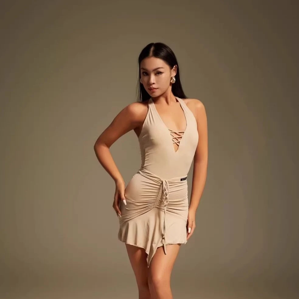 Mujer cuello colgante Top con cuello en V faldas traje vestido de baile latino trajes de actuación ropa de competición de baile latino femenino DN21047