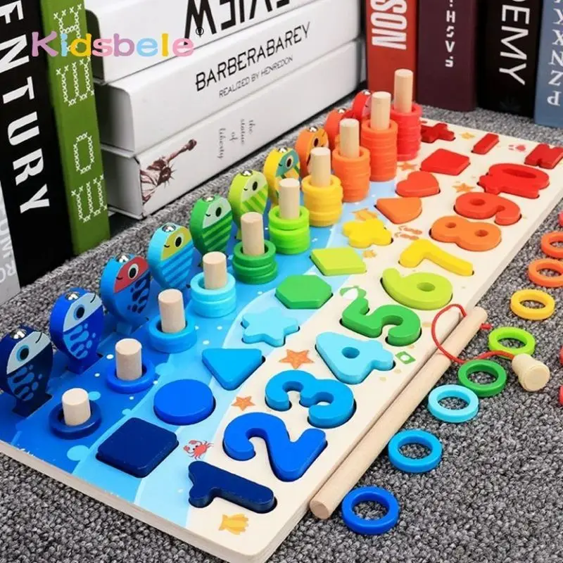 Montessori Math Toys For Toddlers Educational Wooden Puzzle Fishing Toys Count Number Shape Matching Sorter Games Board Toy