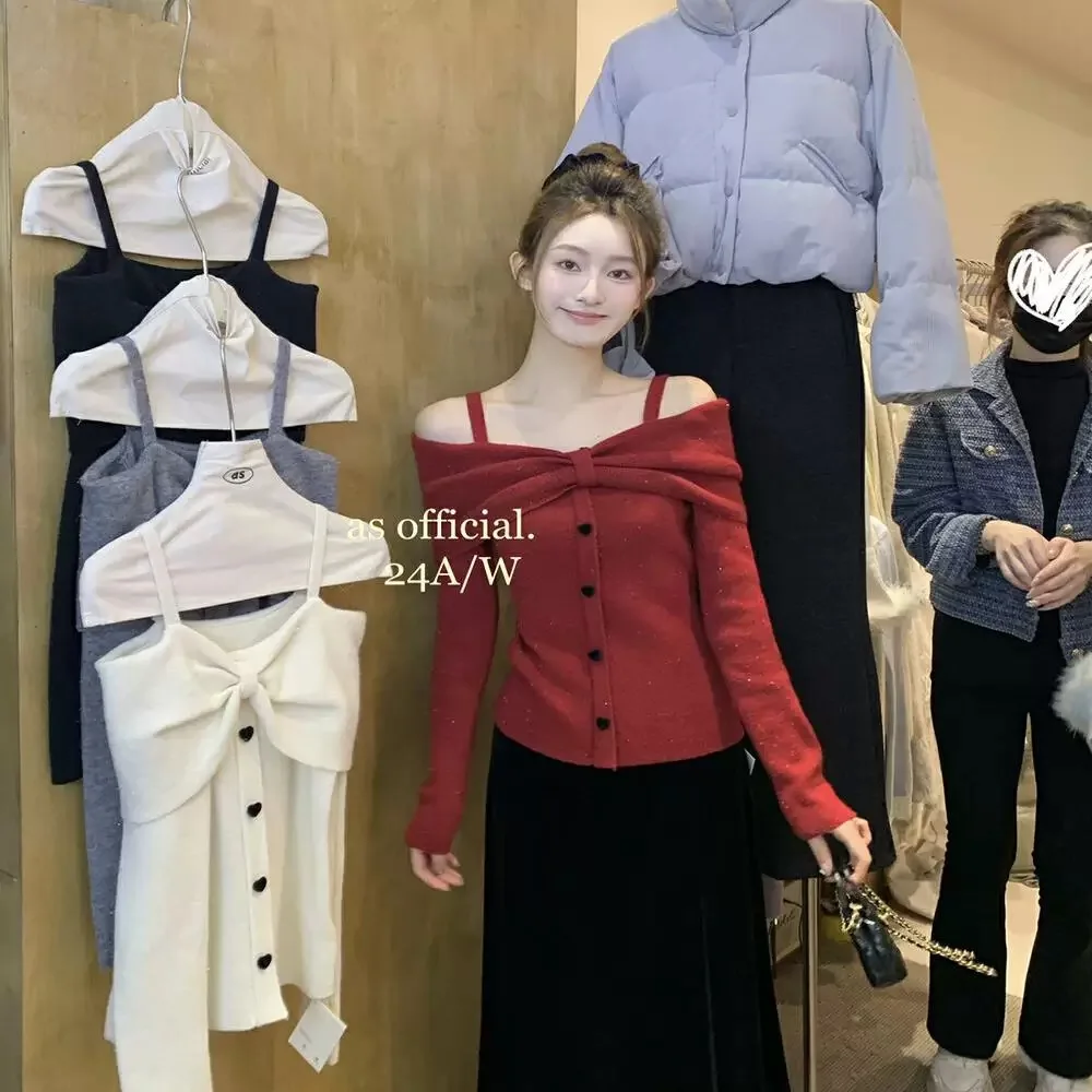 

Red Aosphere Knot One oulder Long Sve Knitted Sweater Women's Autumn Winter Slim Fit Heart Bule Base irt