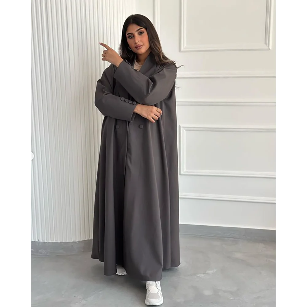 

Grey Loose Comfortable Women Long Jacket Female Daily Double Breasted Coat Formal Ankle Length Dress müslüman elbiseleri