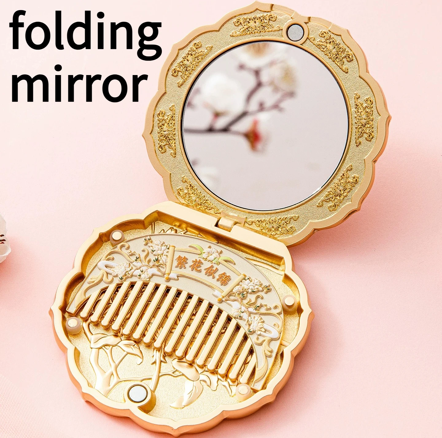 NEW Creative Exquisite Handheld Folding Makeup Mirror with Comb Portable Antique Cultural Flower Decorative Mirror Girl's Gift