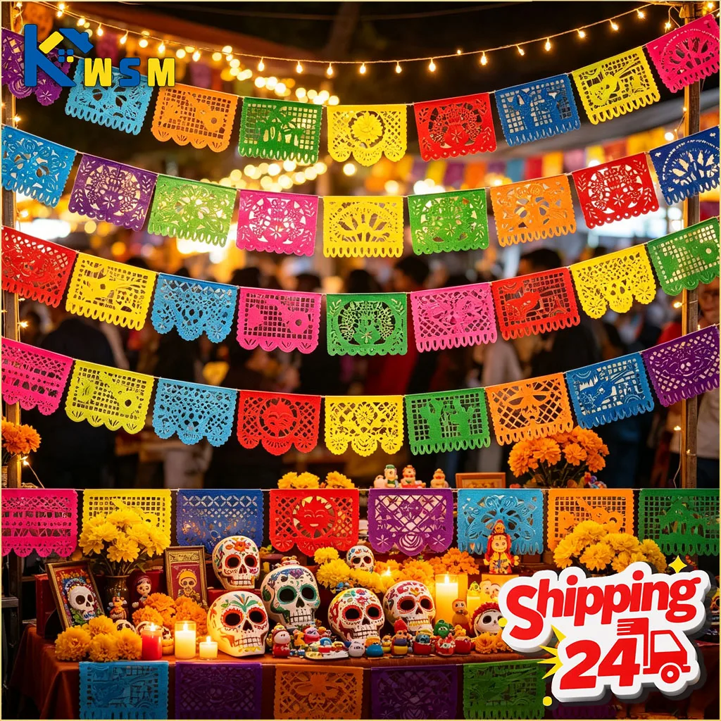 1-10Sets Mexican Fiesta Bunting Banner Felt Papel Picado Garland for Dia De Los Muertos Cinco De Mayo Party Decoration