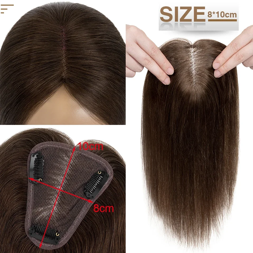 S-noilite 8x10cm Human Hair Toppers Hand Made Center Part Lace Women Topper Natural Hair Wigs Single Knot Hair Clip Extensions