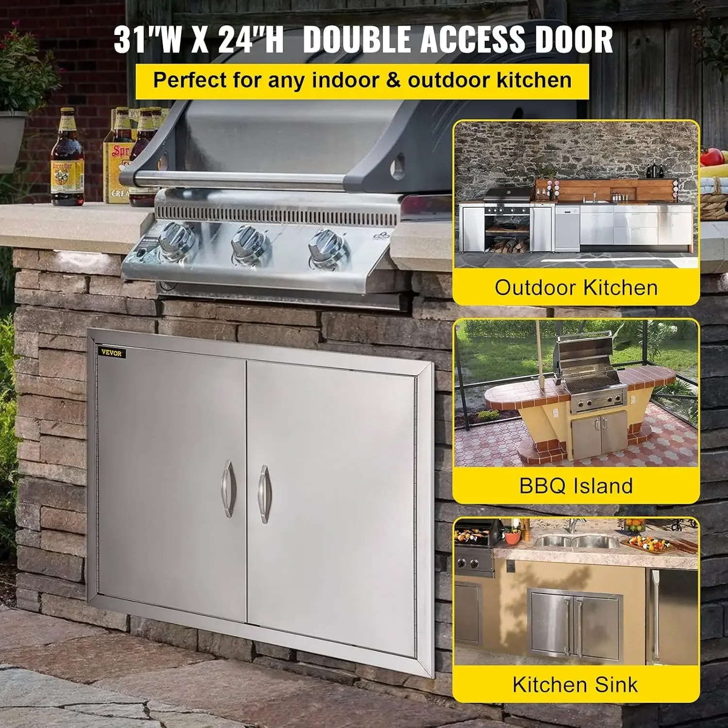 BBQ Access Door 31W x 24H Inch, Double Wall Outdoor Kitchen Door, Stainless Steel Flush Mount Door with Handles and Hooks