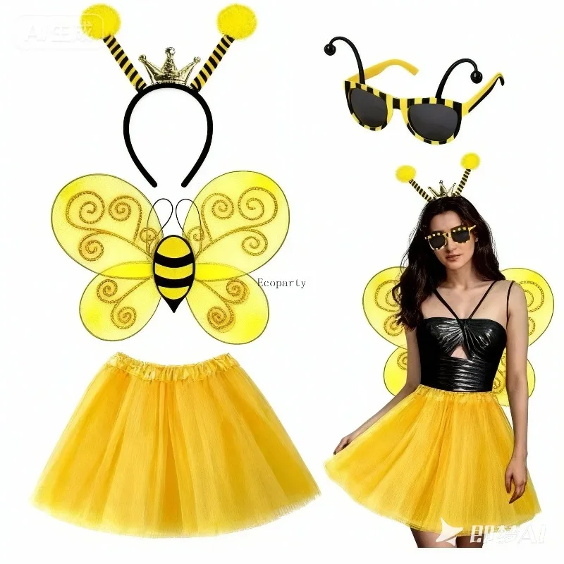 Vrouwen Kinderen Geel Honingbij Kostuum Set Antenne Hoofdband Tutu Rok Gestreepte Kniekous Handschoenen Voor Cosplay Dans Podium 6 stks