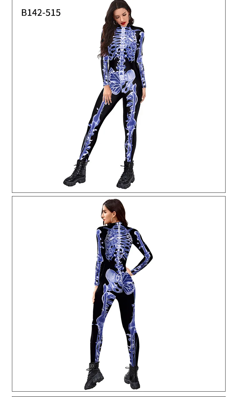 Halloween Skelett-Rosen-Druck Jumpsuit für Frauen, The Dead Cosplay Bodysuit, Sexy Zentai-Anzug, Karnevalsparty Bühnen-Morphsuit Neu – Detail 8