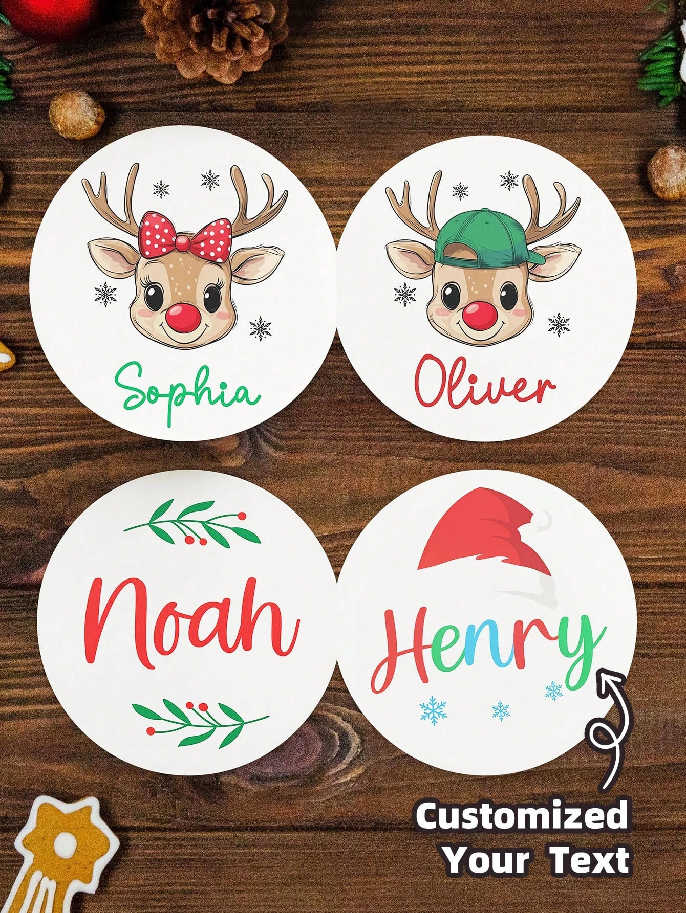 ملصق عيد الميلاد الشخصي 3-8 سم، ملصقات اسم عيد الميلاد المخصصة، ملصقات أسماء دائرية نصية مخصصة، علامات الأيائل المخصصة