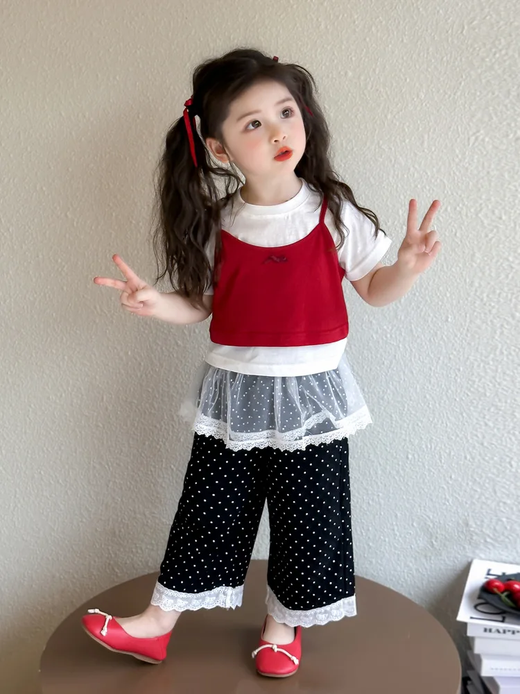 

Summer Casual Polka Dot Tee-Piece Set for Little Girls Faionable Cotton round Ne ort Sve Nine Points Pants