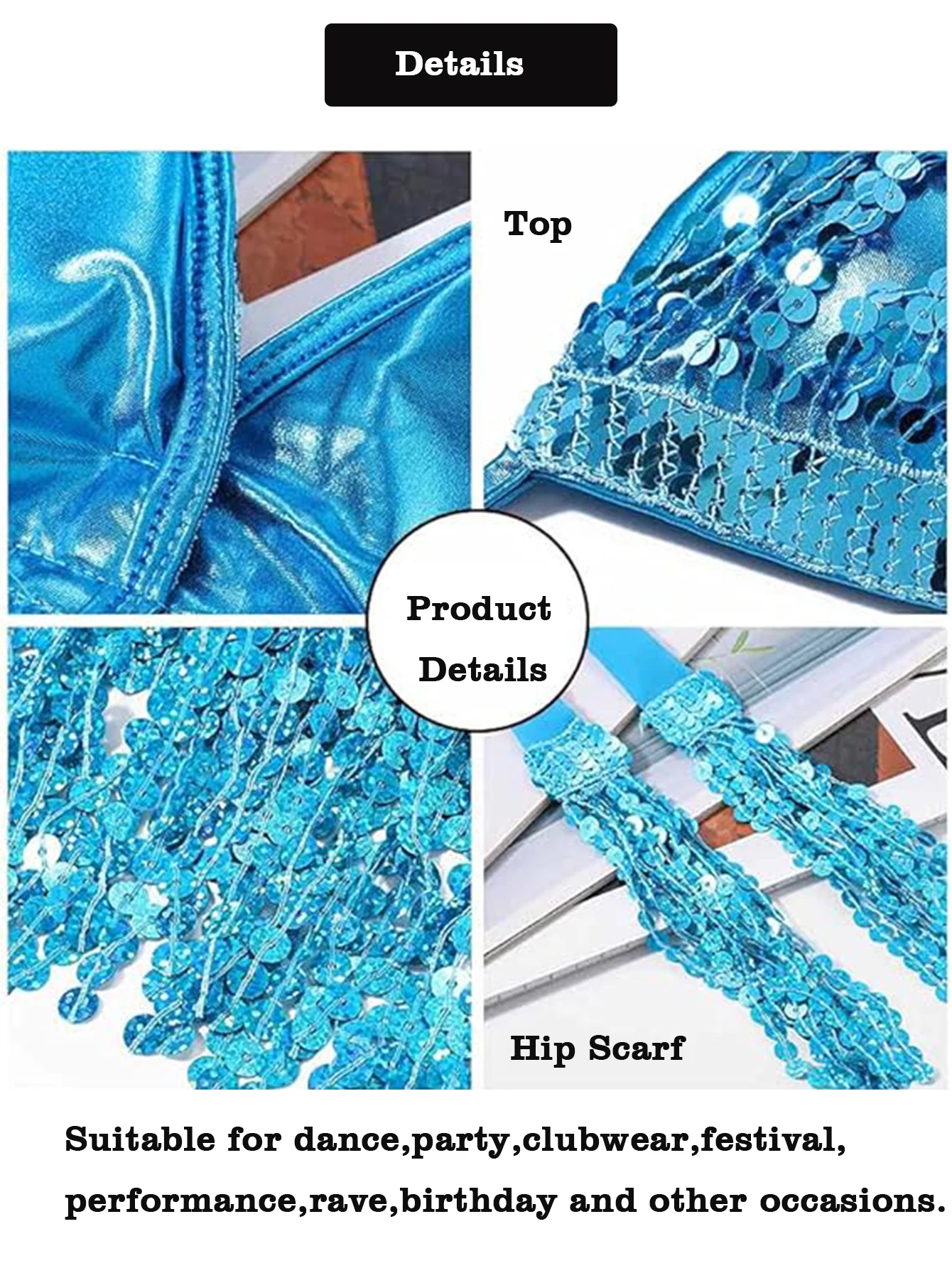 Bauchtanz Top BH Gürtel Set Latin Pailletten Fransen Neckholder Hüftrock Sexy Party Kostüm 4-lagige Quaste Bühnenaufführung Stoffkleidung – Detail 3