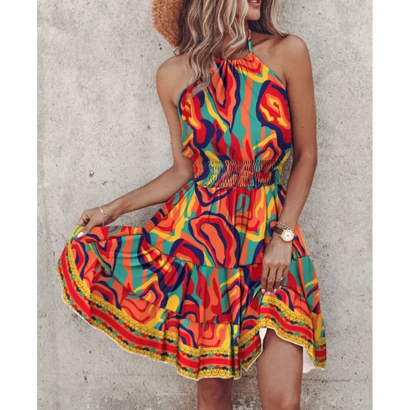 

Fashion Print Dress 2024 Summer Sexy Sleeveless Off Shoulder Backless High Waist A-line Splic Vacation Beach Dresses Vestidos