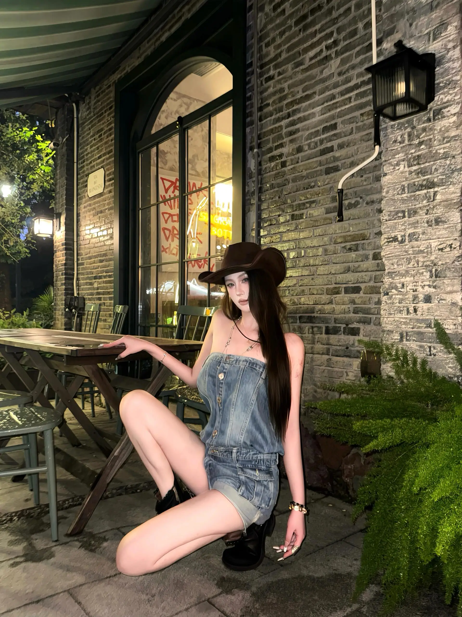 

GARIS American Retro Blue Denim Jumpsuit Women's Spicy Girl Tube Top One-Piece ort Pants Street Sle Summer New Design