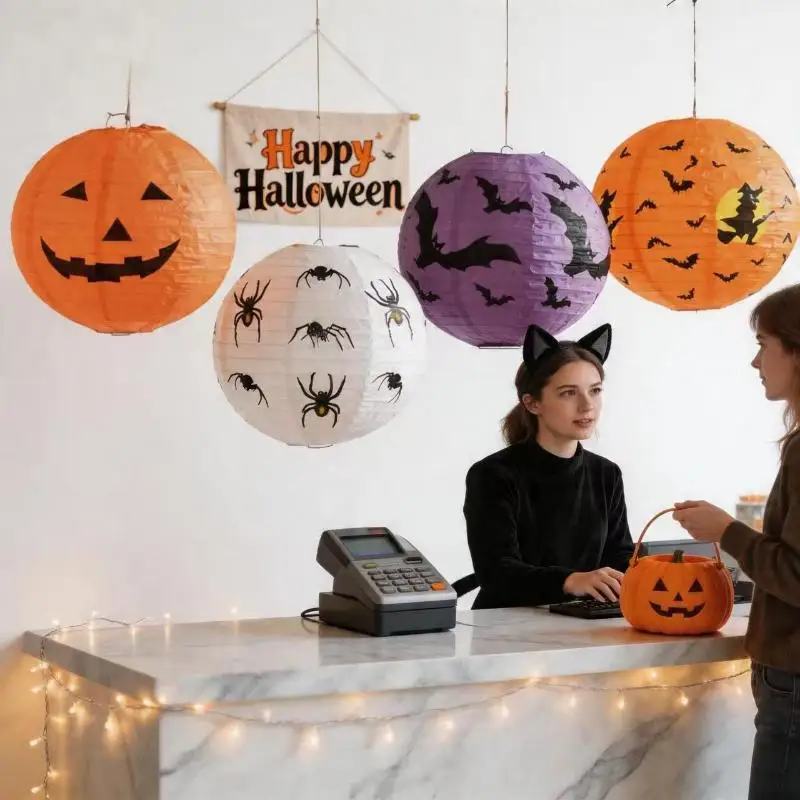 Halloween Pumpkin Paper Lantern Bat Spider Skull Hanging Lamp For Bar Mall Window Home Party Atmosphere Decor Ornament