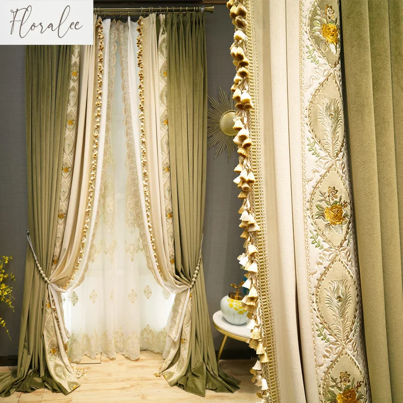 

Luxurious European Style High-end Velvet Cloth Embroidered Solid Color Curtains for Living Room Bedroom Custom Window Screen