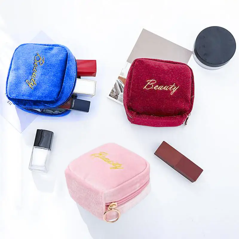 

Velvet Embroidery Cosmetic Bag Sanitary Pad Pouches Portable Durable Makeup Lipstick Data Cables Organizer Toiletry Beauty Case