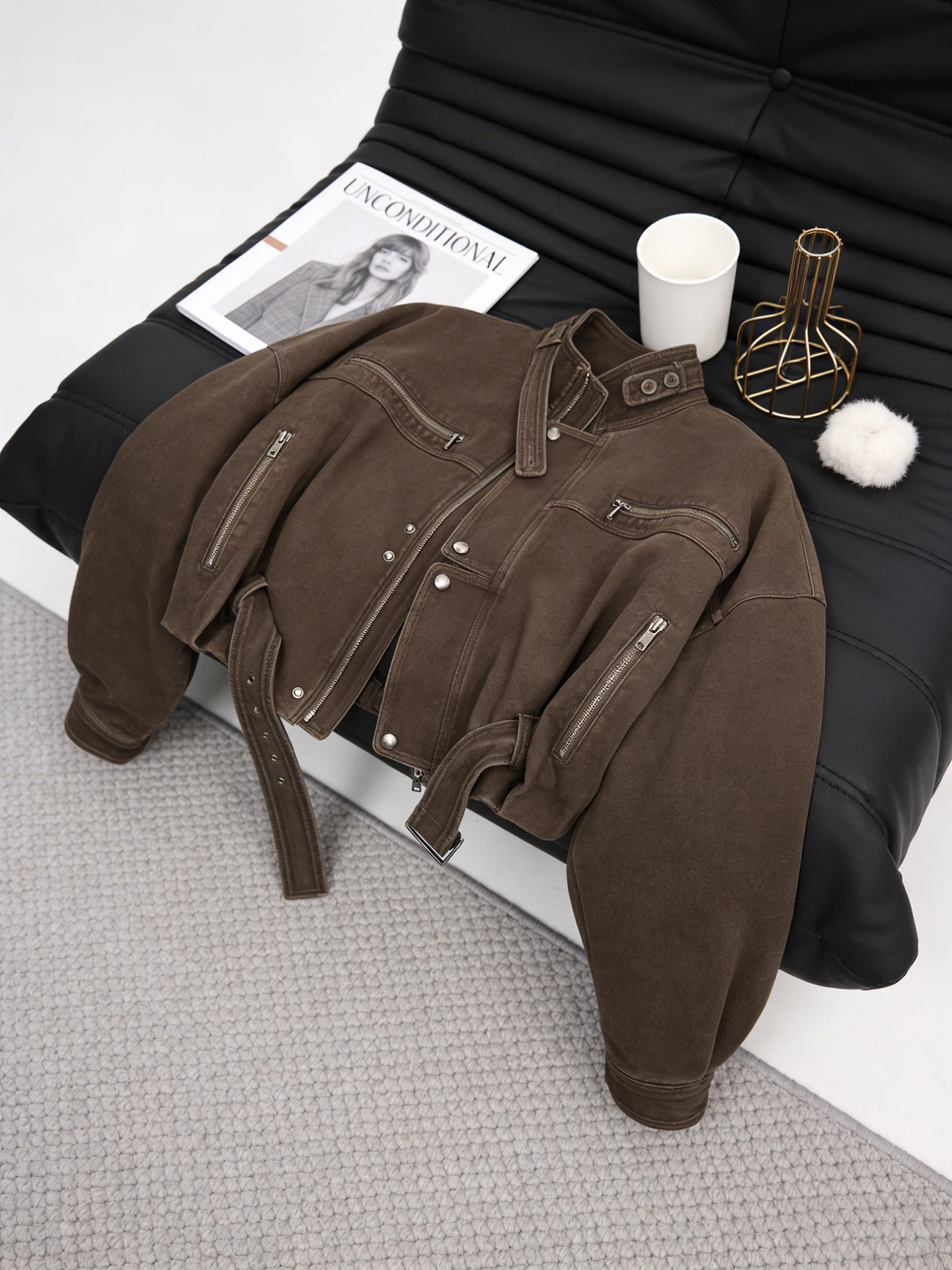 

Ретро-коричневая короткая мотоциклетная куртка женская, весна 2026, свободного кроя, в стиле рабочей одежды, для повседневной носки, из других тканей и материалов