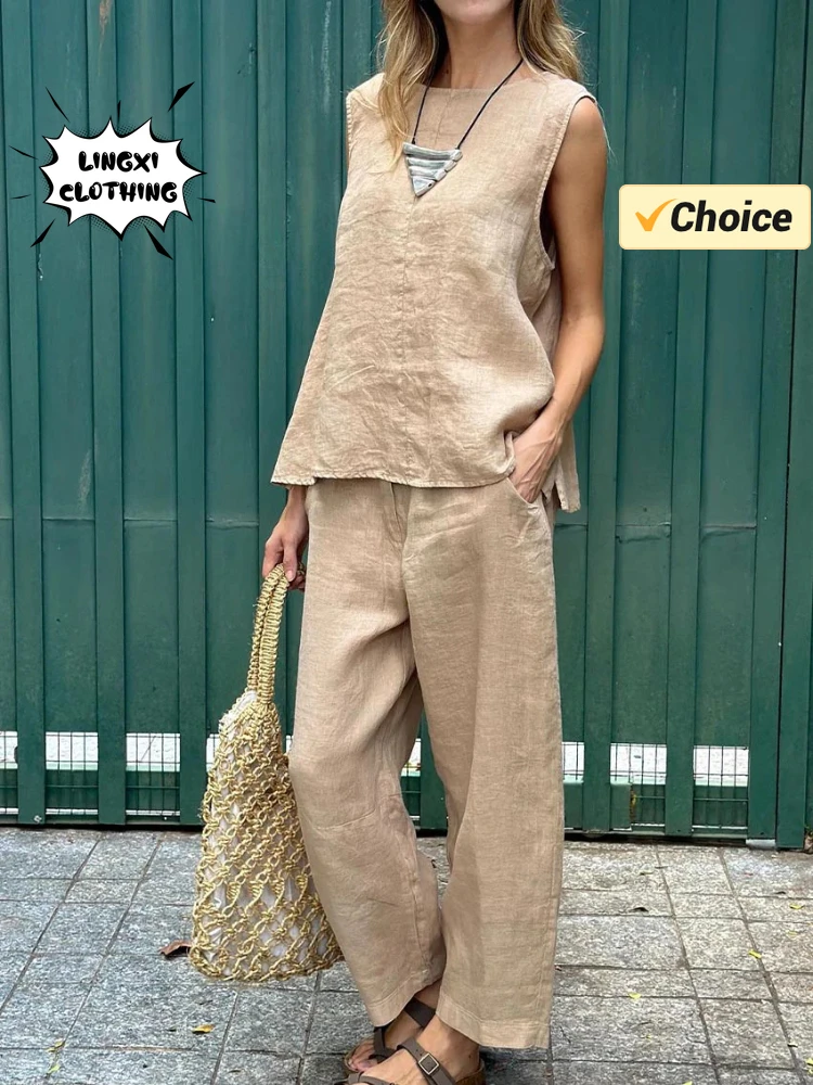 2024 Summer Fashion Cotton and Hemp Women's New Matching Collection Loose Round Neck Sleeveless Top Wide Leg Pants Two Piece Set