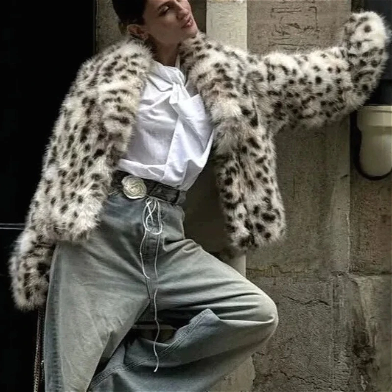 Women Leopard Faux Fox Fur Coat Print Fur Jacket Cotton Linen Turn Down Collar Long Sleeve Open Stitch Casual 2026 Autumn Winter