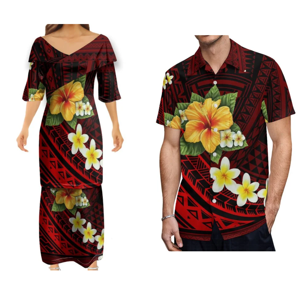 

Custom Polynesian Puletasi Elegant Neckline Temperament Set Skirt Tribal Ethnic Couple Set Floral Print Dress High Quality Dress