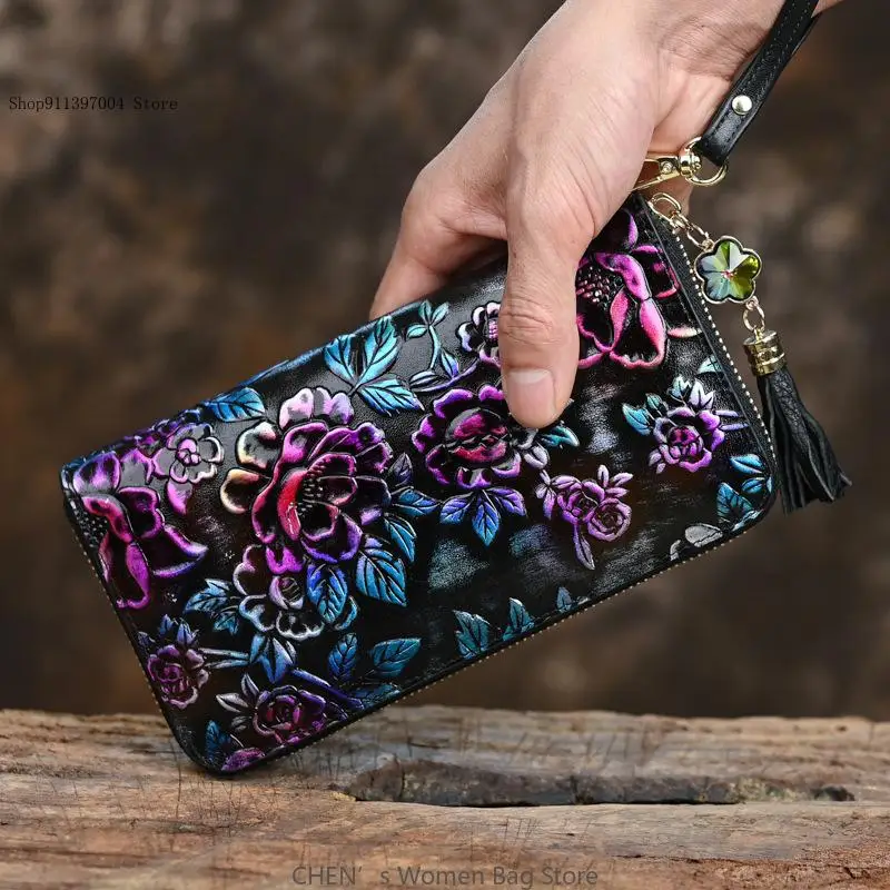 Vintage Genuine Leather Large Capacity Multi Slot Embossed Hand Colored Zipper Wallet Coin Bag for Women