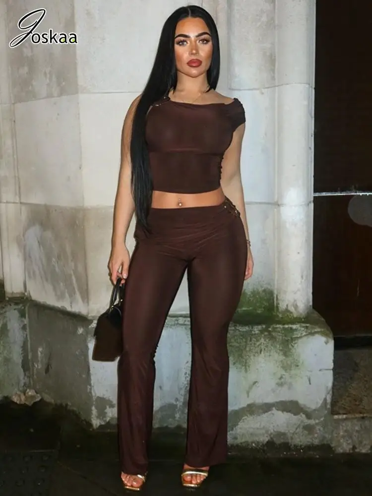

Joskaa Metal Decoration 2 Piece Sets Women Crop Tank Tops and Ruched Flared Pants Matching 2025 Spring Tracksuits Streetwear