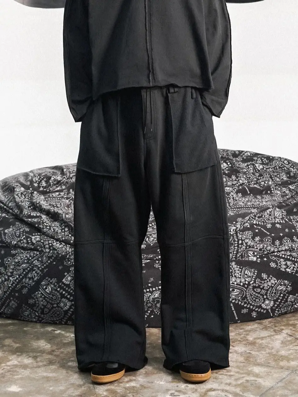 Autumn New Men’s Running Sports Pants, Loose Straight Multi-Pocket Cargo Pants, Raw Hem Exposed Stitching, Trendy Casual Pants