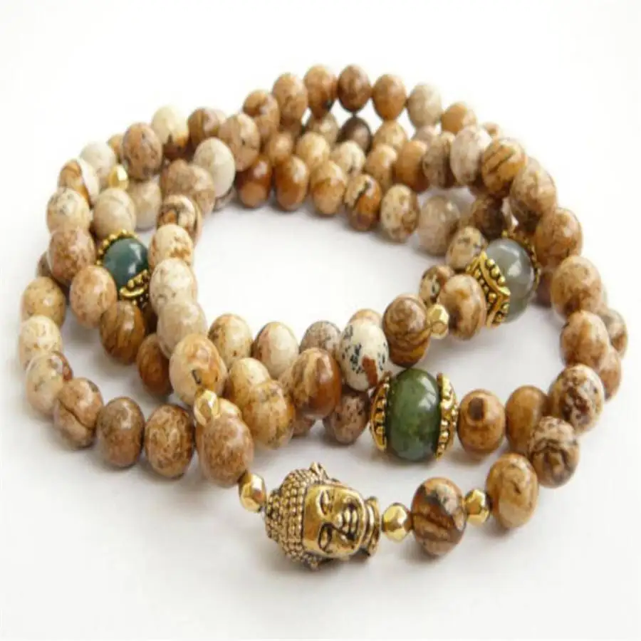 

6mm Picture stone Gemstone Mala Bracelet 108 Beads Stone Buddha zazen Buddhist Jewelry Bohemian tassel Prayer Tibetan Chaplet
