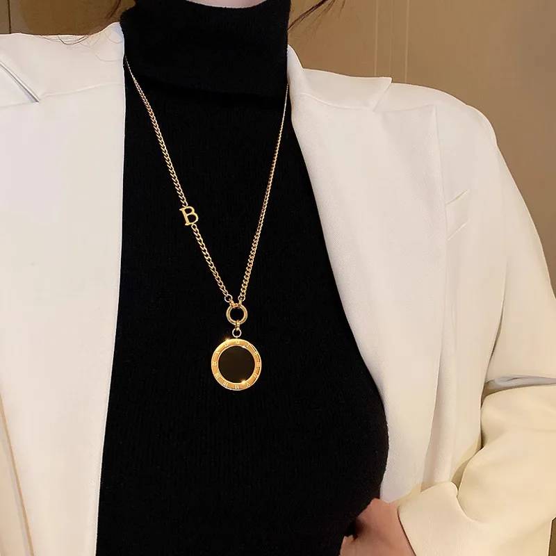 

Double Side Roman Number Brand Titanium Steel Pendant Necklace Chain 18K Gold Plated Waterproof Anti Allergy Jewelry for Women