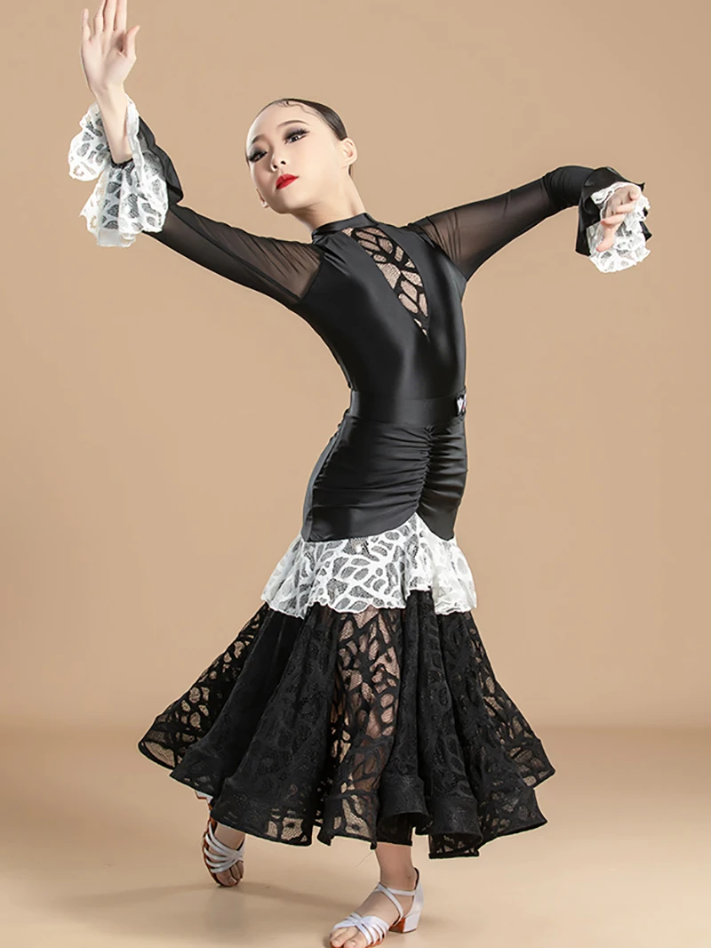 Kids Girls Modern Dance Children's Waltz Dance Bodysuit and Big Swing Skirt Competition Practice Performance Dancewear