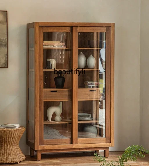 

\ Nordic retro wine cabinet, antique bookcase, all solid wood glass storage, display cabinet