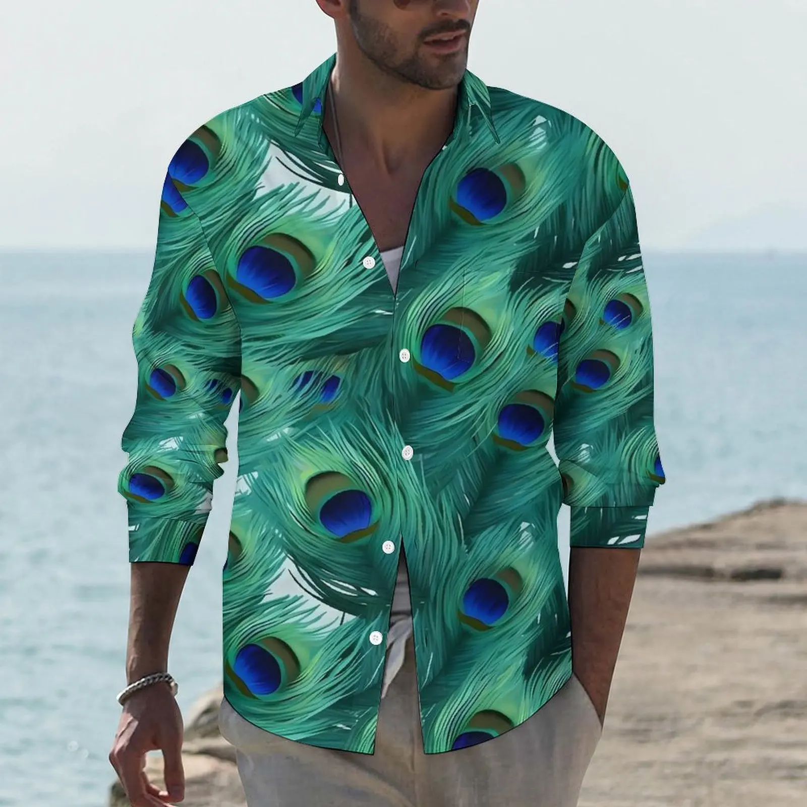 

Peacock Feather Shirt Spring Retro Animal Casual Shirts Man Trending Blouses Long Sleeve Pattern Funny Clothing Plus Size