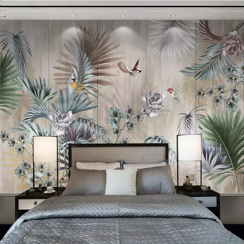 Custom Photo Wallpaper For 3D Nordic Plant Leaves Flowers Birds Wall Mural Retro Living Room Sofa TV Background Papel De Parede