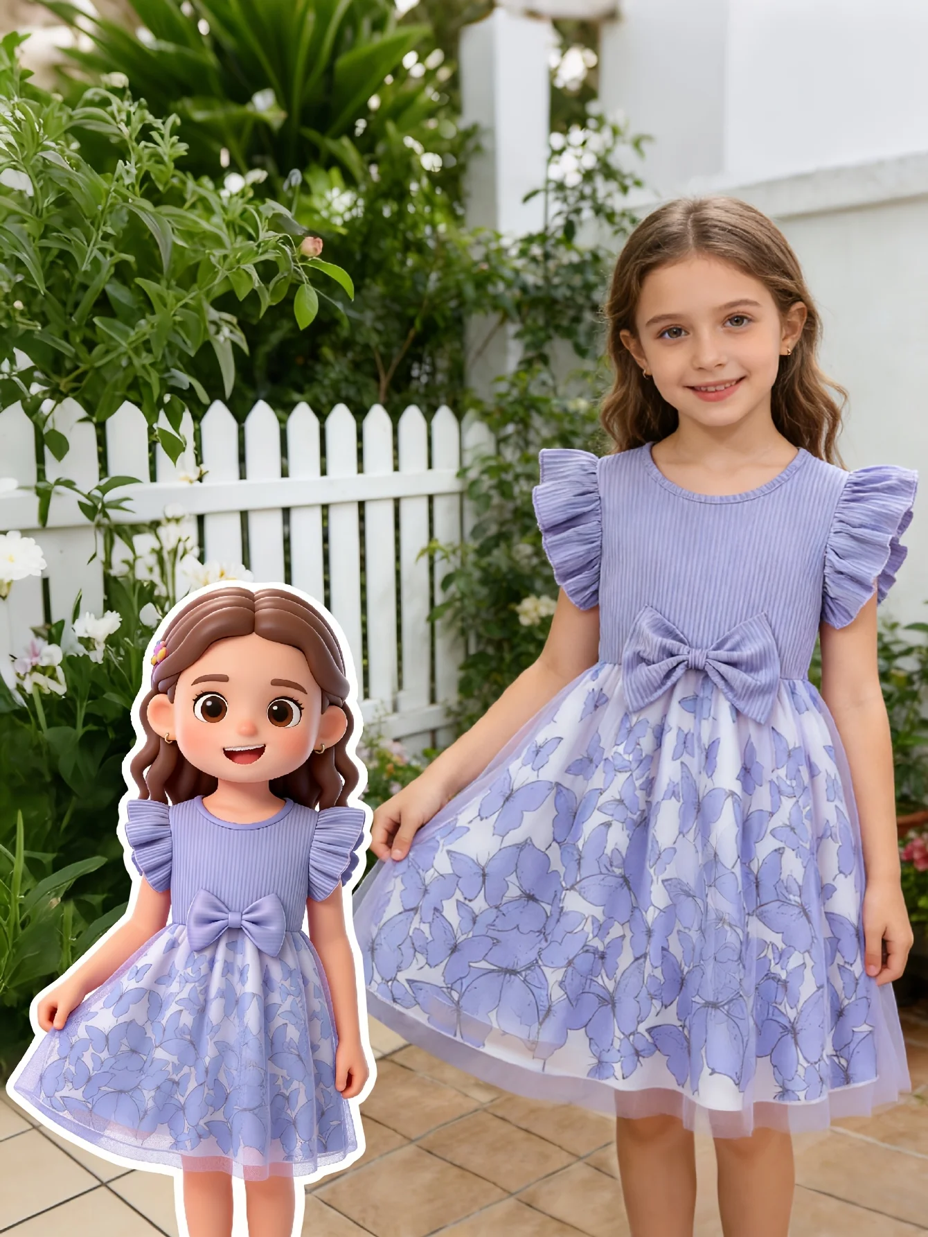 Purple Butterfly Tulle Princess Dress for Girls, Summer Flutter Sleeve Dress with Bows