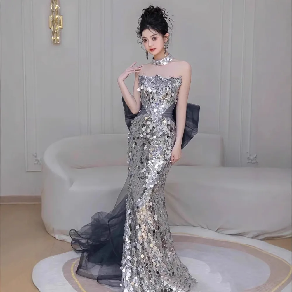 High-End Sequined Birthday Bar Mitzvah Dress Tube Top Slim Fit Host Shiny Fishtail Skirt Luxury Detachable Bow Evening Gowns