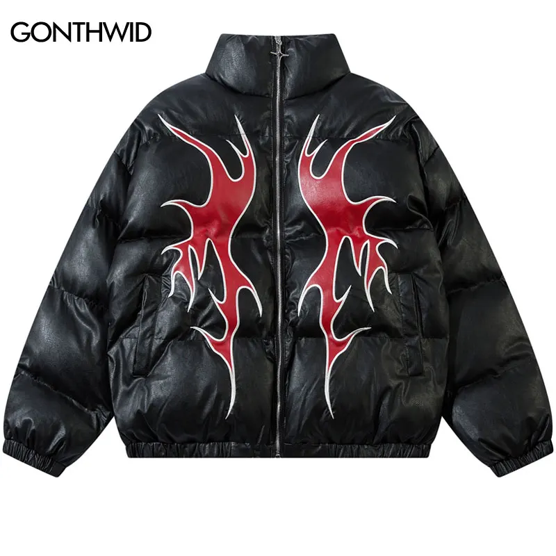 Hip Hop Winter Leather Jackets Embroidered Patch Waterproof Coats Men Harajuku Baggy Punk Gothic Thick Warm Padded Jacket Parkas