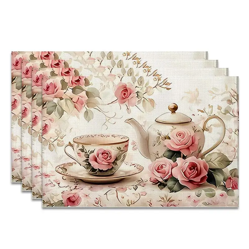 4Pcs, French-Style Rose Tea Set Vintage Placemats, the Best Placemats, Washable, Suitable for Holiday Parties, Home Decor, Kitchen Countertops, Rectangular Dining Rooms, Make Your Dining Room and Kitchen More Beautiful, a Birthday Gift and Housewarming Party Gift for Family and Friends