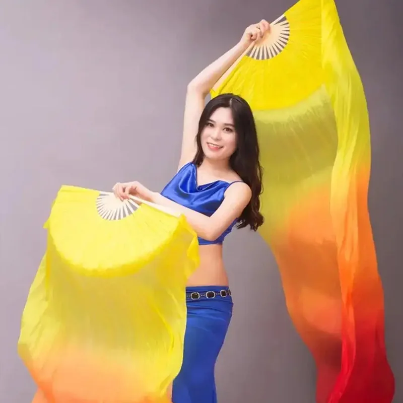 Long Silk Cloth Dance Fan Double-sided Gradient Colorful Long Floating Fan Square Dance Performance Yangko Extended Fan Crafts