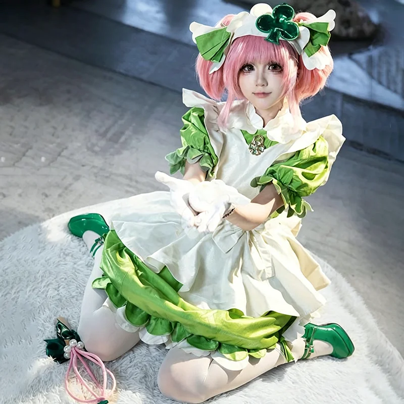 

Hinamori Amu Cosplay Costume Halloween Christmas Comic Shugo Chara Guardian Clover Metal Pendant Women Dress Green