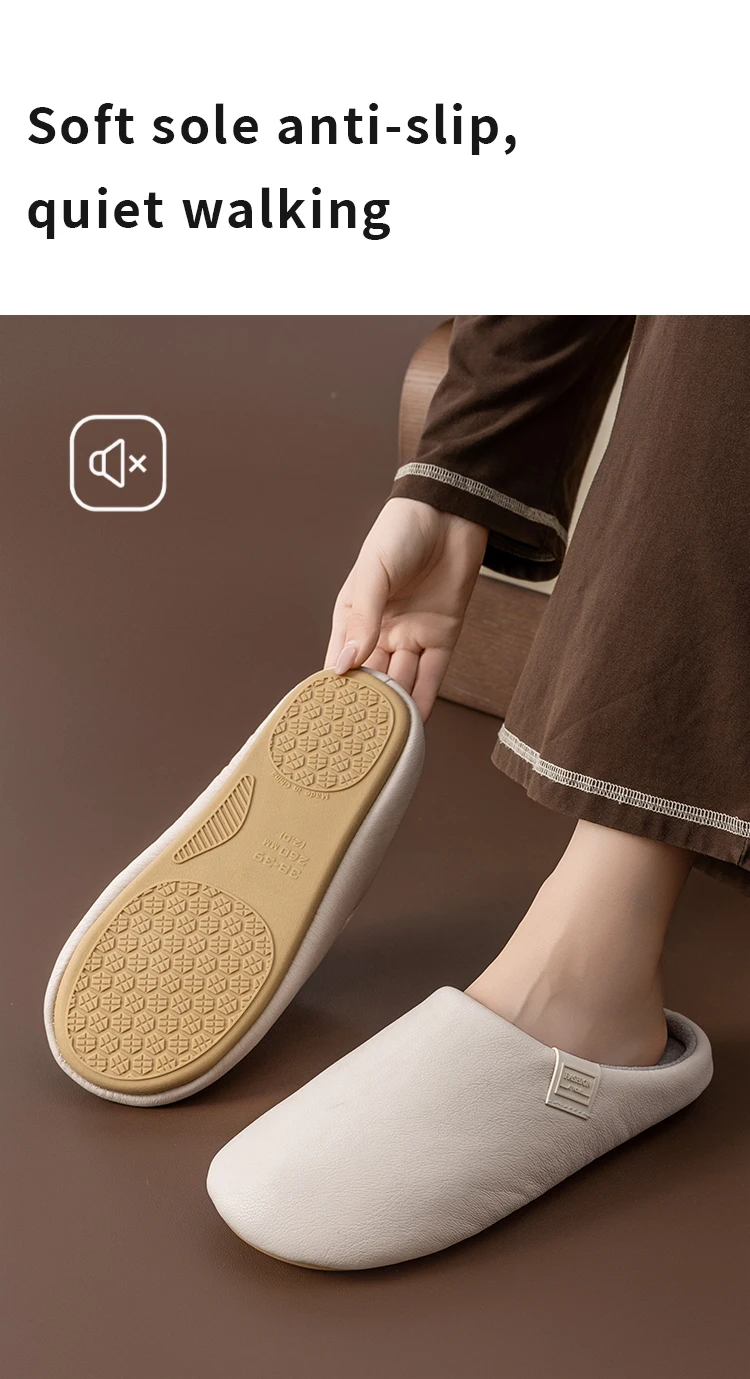Damen-Winterhausschuhe, flauschig gefütterte Hausschuhe mit rutschfester Sohle, wasserdichte Slip-Ons in weichem Lederoptik für Komfort im Innenbereich – Detail 5