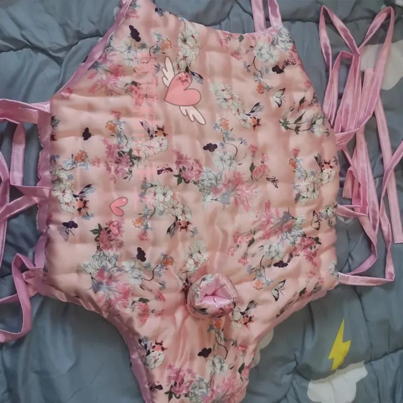 

Men Sexy Pink Glossy Floral Silky Touch Strap Jumpsuit Filled Cotton Puffy Warm ABDL Belly Tank Top Briefs Bodysuit Handmade