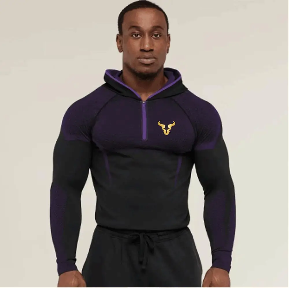 Men's T-Shirt Hooded Men Running Sport T Shirt Compression Fitness Top Tee Quick DryTight Training Gym Shirts Jersey
