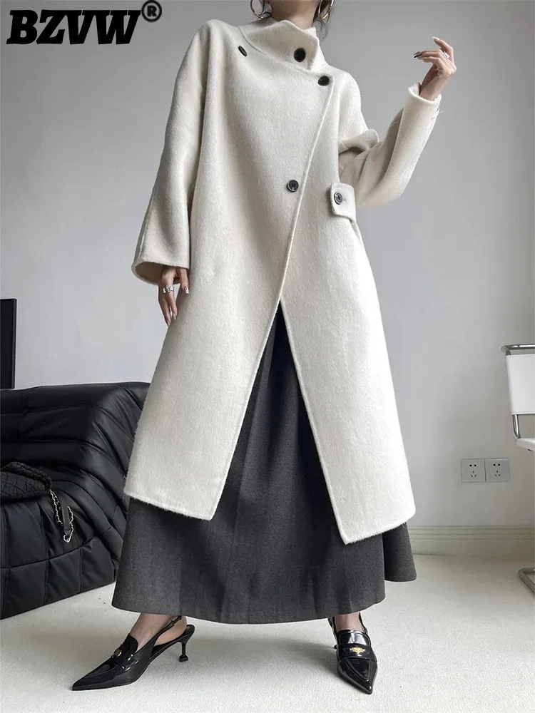 BZVW Fashion Double Sided Woolen Coat For Women Stand Collar Solid Color Mid Length Coats 2024 Female Autumn Winter New 25A8675