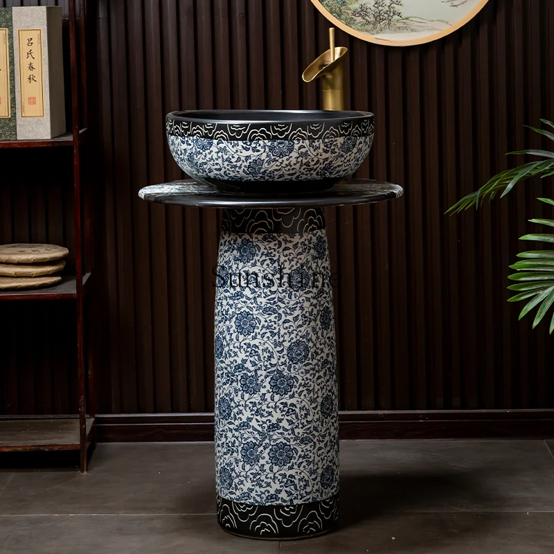 

Ceramic integrated Chinese column type washbasin blue and white balcony courtyard outdoor