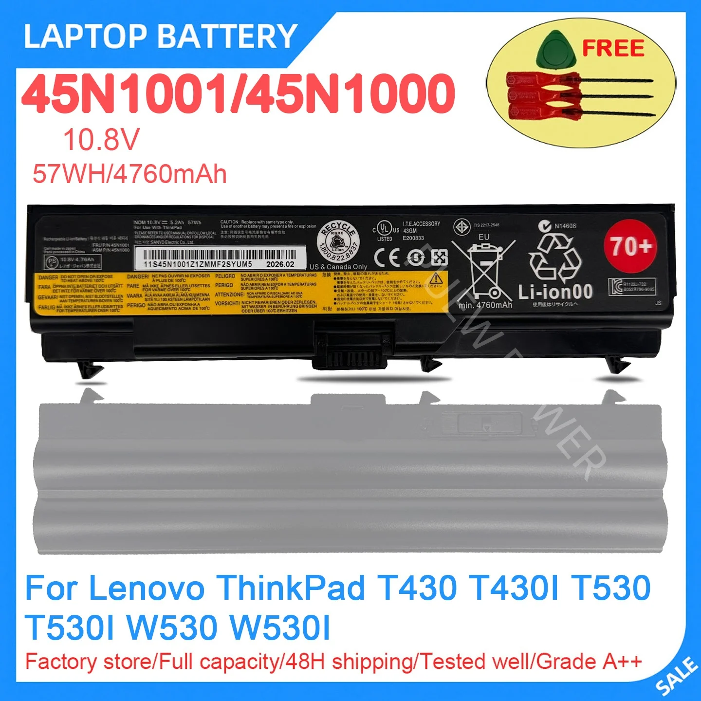 New Laptop Battery 45N1001 45N1000 10.8V 57WH 4760mAh High Quality For Lenovo ThinkPad T430 T430I T530 T530I W530 W530I