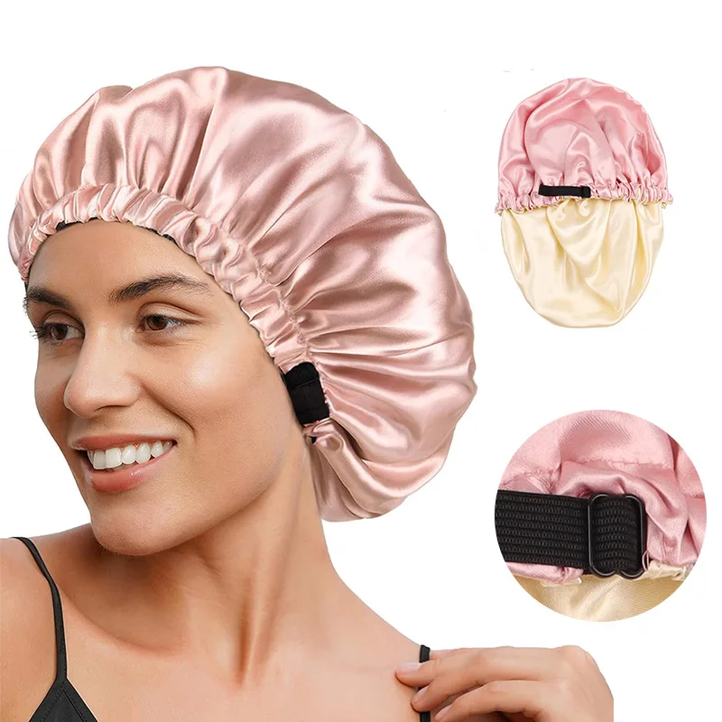 2PCS Double-Layer Satin Adjustable Sleep Cap Reversible Flat-Edge Silk-Like Hair Care Cap Beauty Makeup Hat